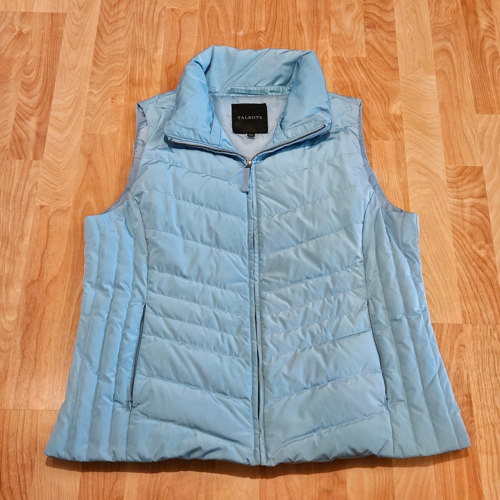 Talbots Puffer Vest Size XL Light Blue Quilted Down Zip Preppy Layering Classic